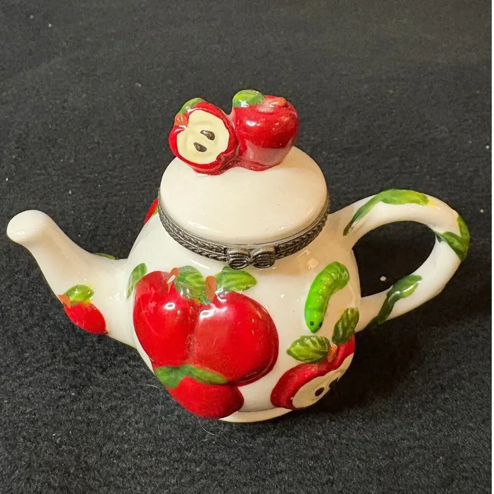 Hand Painted Apple Miniature Teapot Trinket Holder
